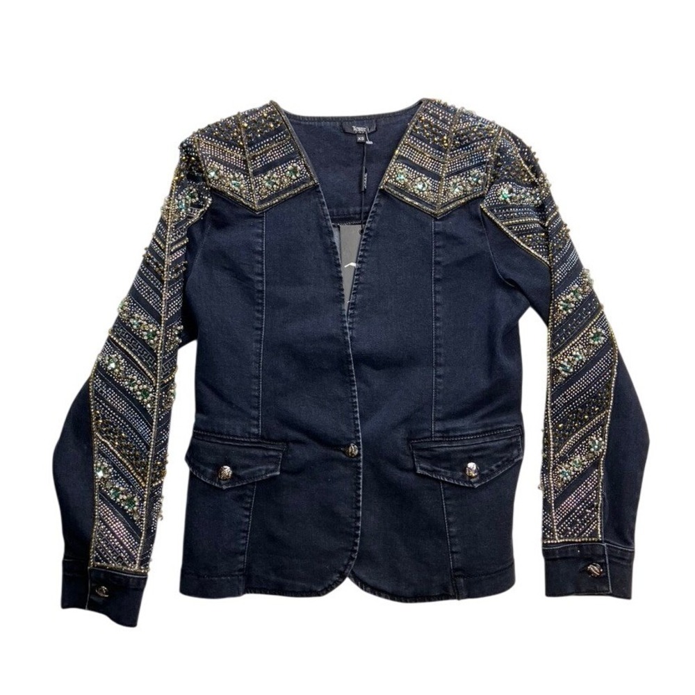 Tesoro Moda‎ Denim Jacket Womens XS Navy Black NEW Embellished Rhinestone 19717